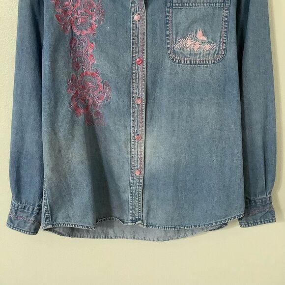 Vintage 90s Western Cottagecore Grandmacore Pink Embroidered Denim Blouse Medium - Picture 3 of 11